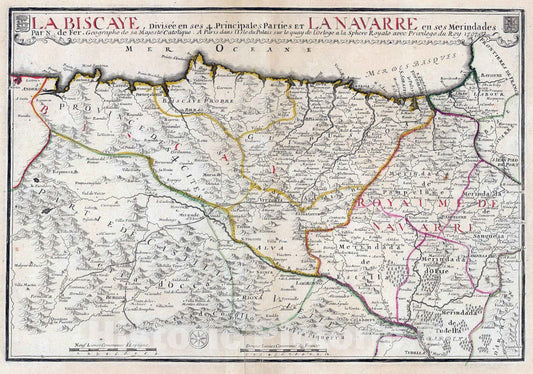 Historic Map : Spain, Biscaye Region , Spain 1707 La Biscaye , Vintage Wall Art