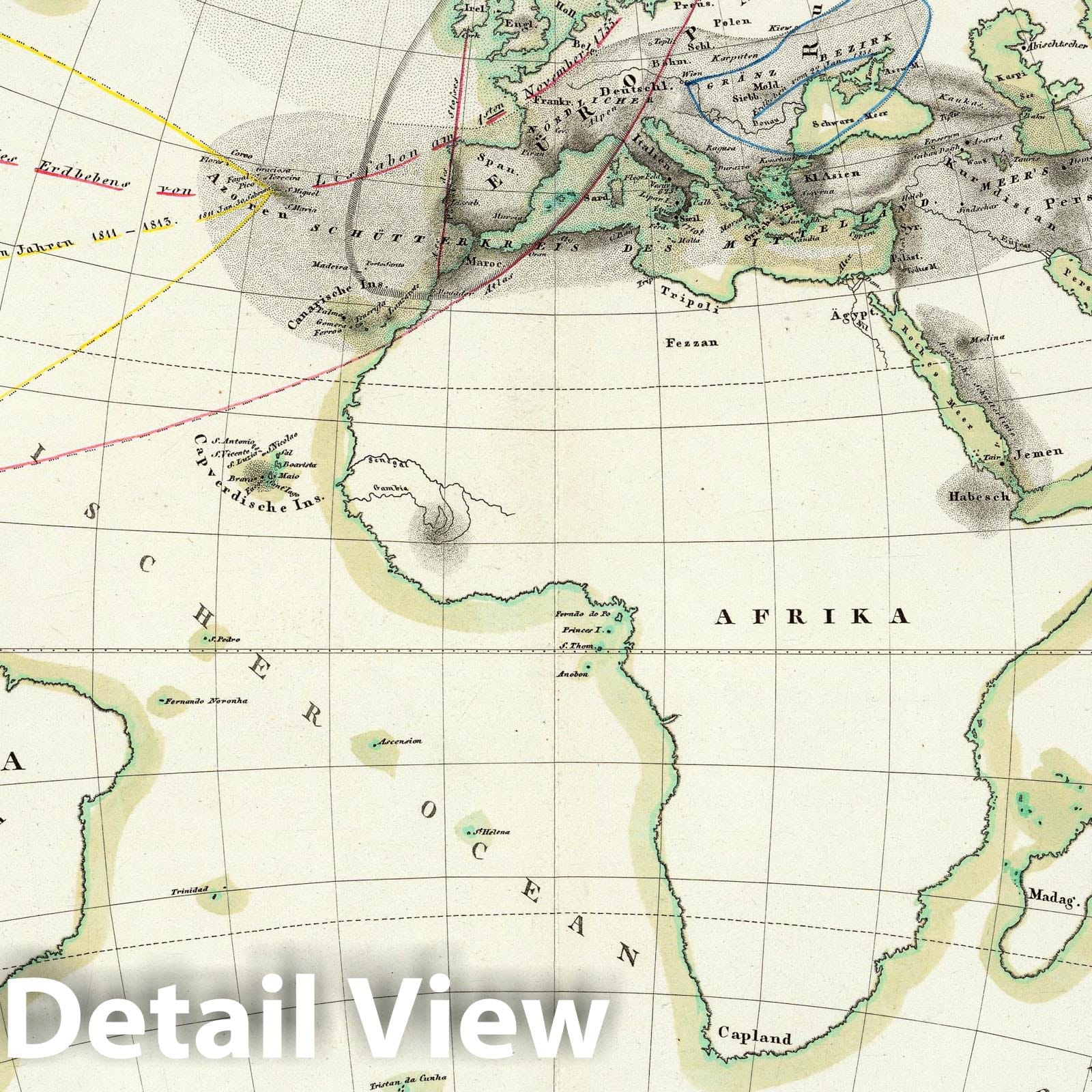Volcanic and Earthquake Activity of the Ancient World and Atlantic Ocean - Geologic Map, 1839