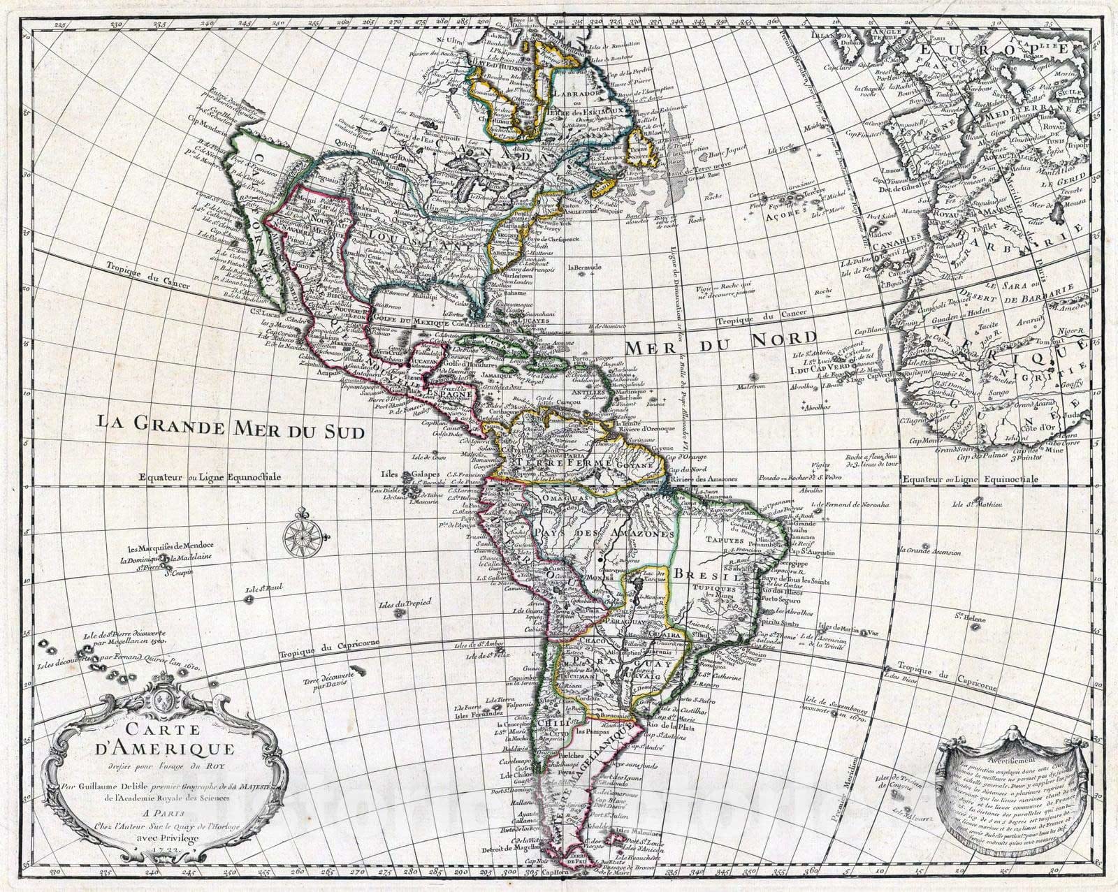 Historic Map : 1722 Carte d'Amerique. - Vintage Wall Art