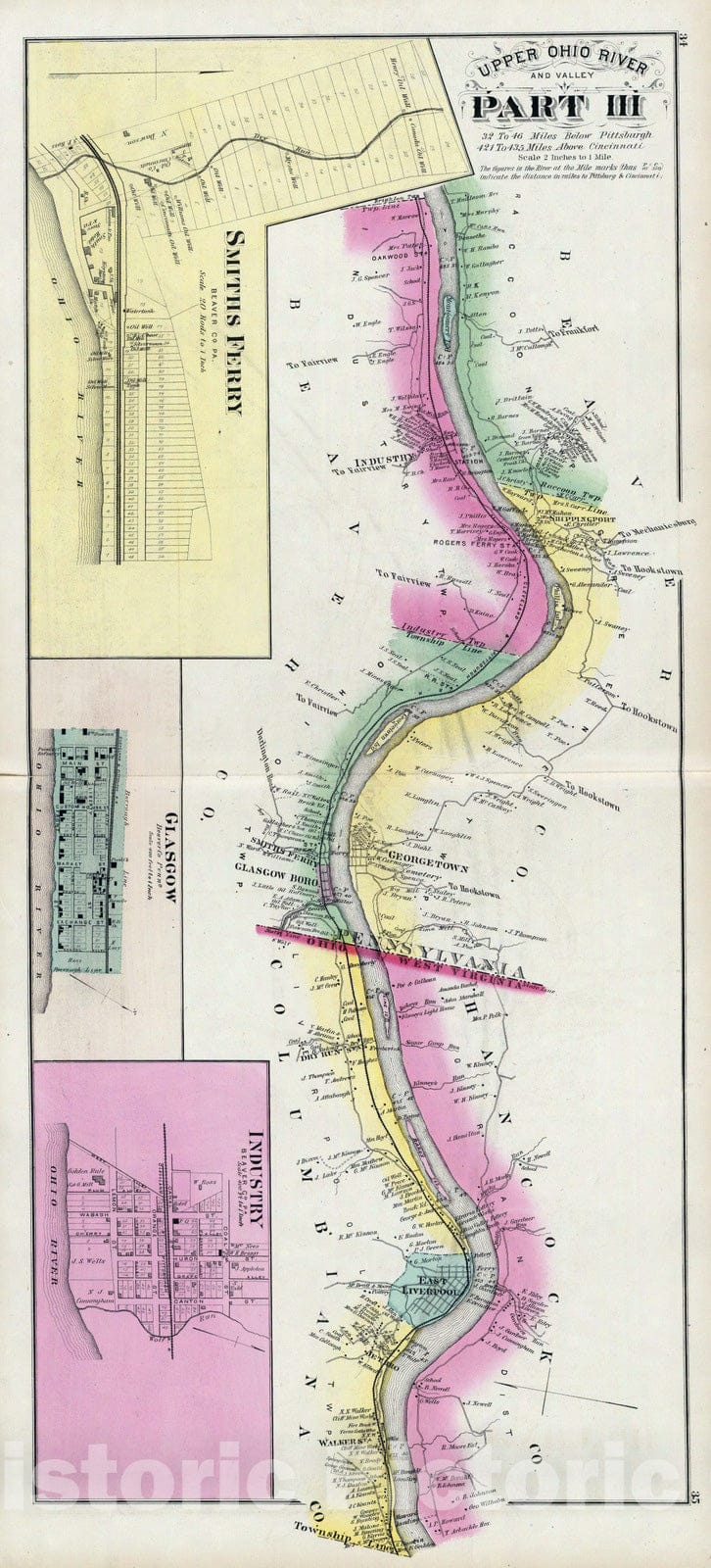 Historic Map : 1877 Upper Ohio River and Valley part III, 32 to 46 miles below Pittsburgh (with) Smiths Ferry, Glasgow, Industry. - Vintage Wall Art