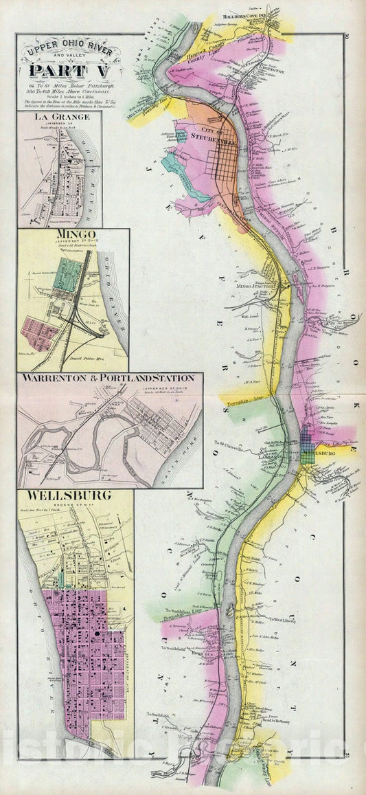 Historic Map : 1877 Upper Ohio River and Valley part V, 64 to 81 miles below Pittsburgh - Vintage Wall Art