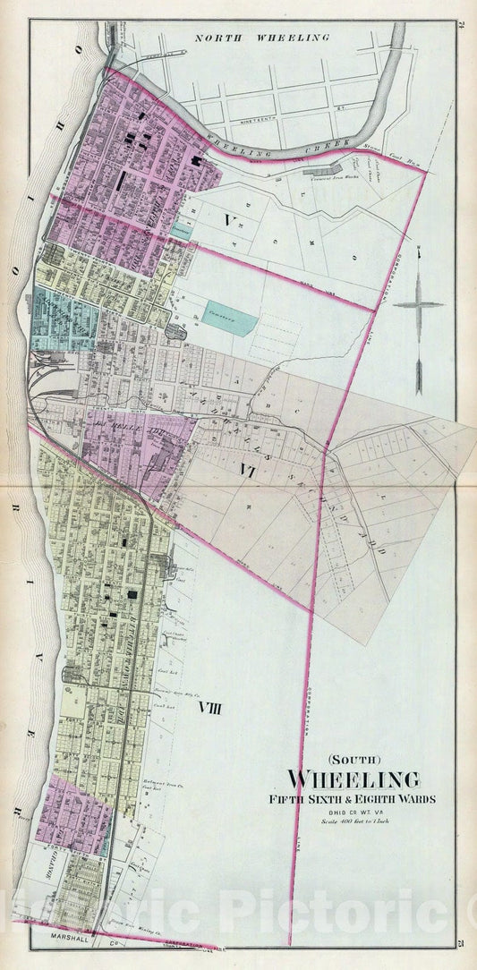 Historic Wall Map : 1877 South Wheeling, fifth, sixth & eighth wards, Ohio Co, Wt. Va. - Vintage Wall Art