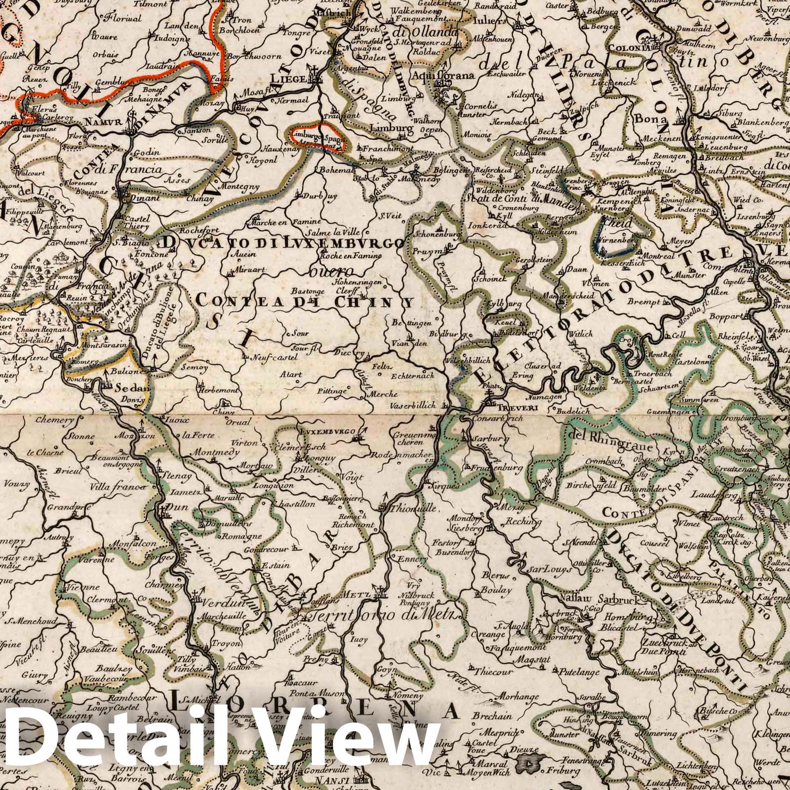 Rhine River from Source to Sea with Borders of France, Germany, and Netherlands, 1686 - Historical Map Print
