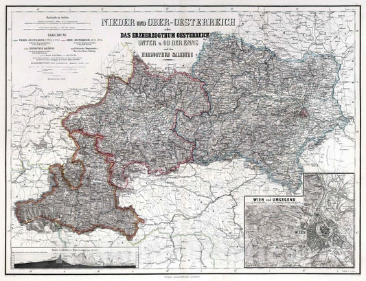 Historic Map : 1875 Lower and Upper Austria or the Duchy of Austria and the Duchy of Salzburg. - Vintage Wall Art