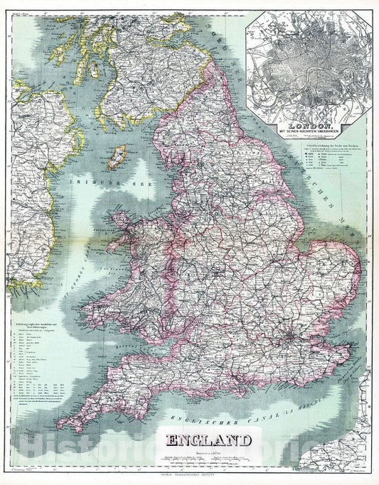Historic Wall Map : 1886 England. - Vintage Wall Art