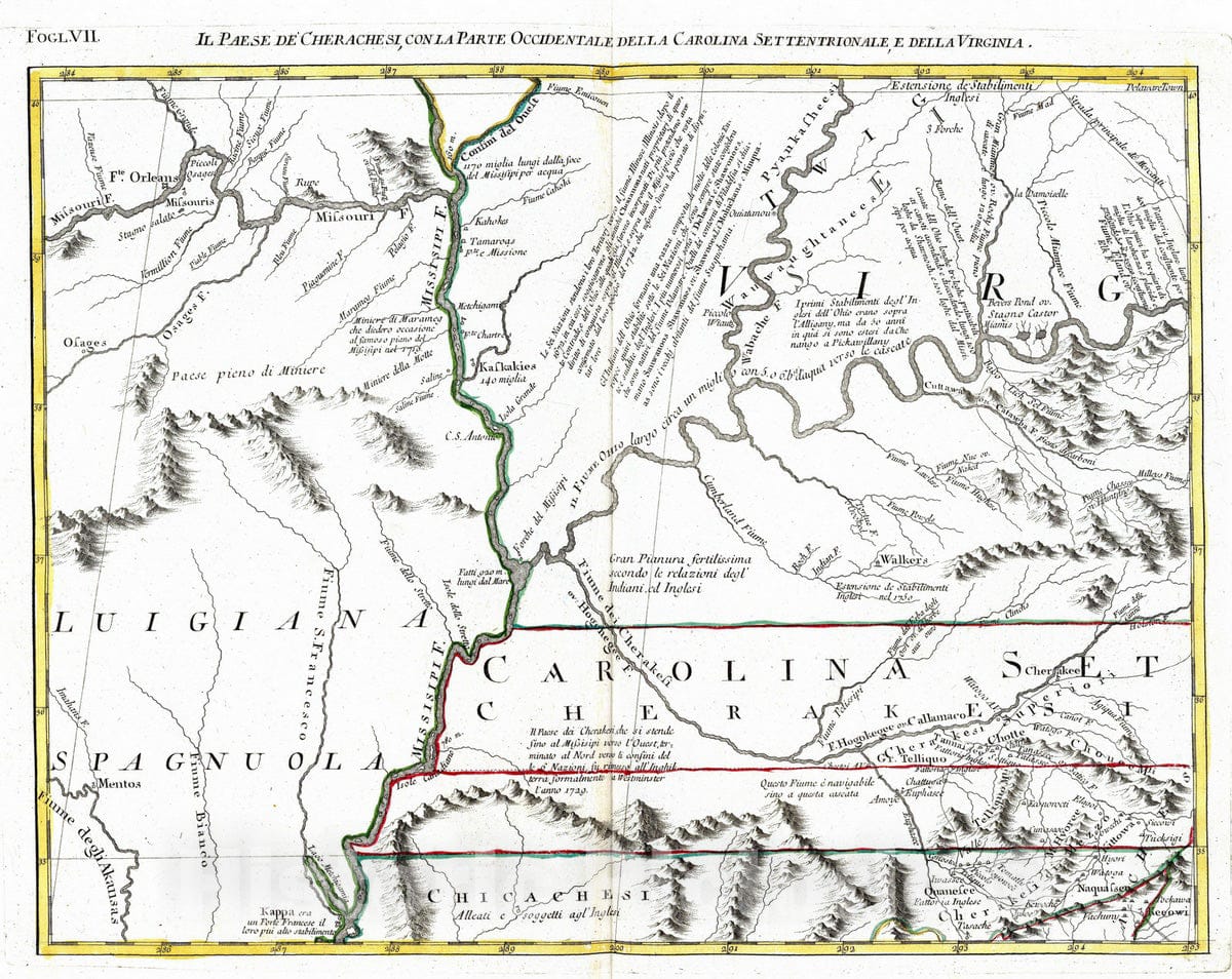Historic Map : U.S. Mid West, 1778 Il Paese de' Cherachesi, con la Parte Occidentale della Carolina Settentrionale. , Vintage Wall Art