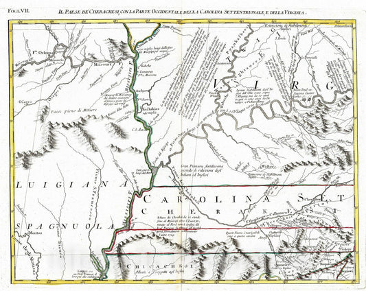 Historic Map : U.S. Mid West, 1778 Il Paese de' Cherachesi, con la Parte Occidentale della Carolina Settentrionale. , Vintage Wall Art
