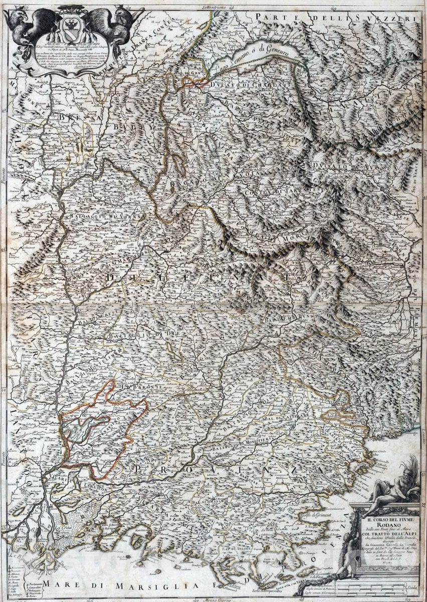 Historic Map : France, , Europe 1690 Il Corso del Fiume Rodano , Vintage Wall Art
