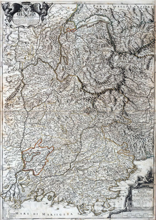 Historic Map : France, , Europe 1690 Il Corso del Fiume Rodano , Vintage Wall Art