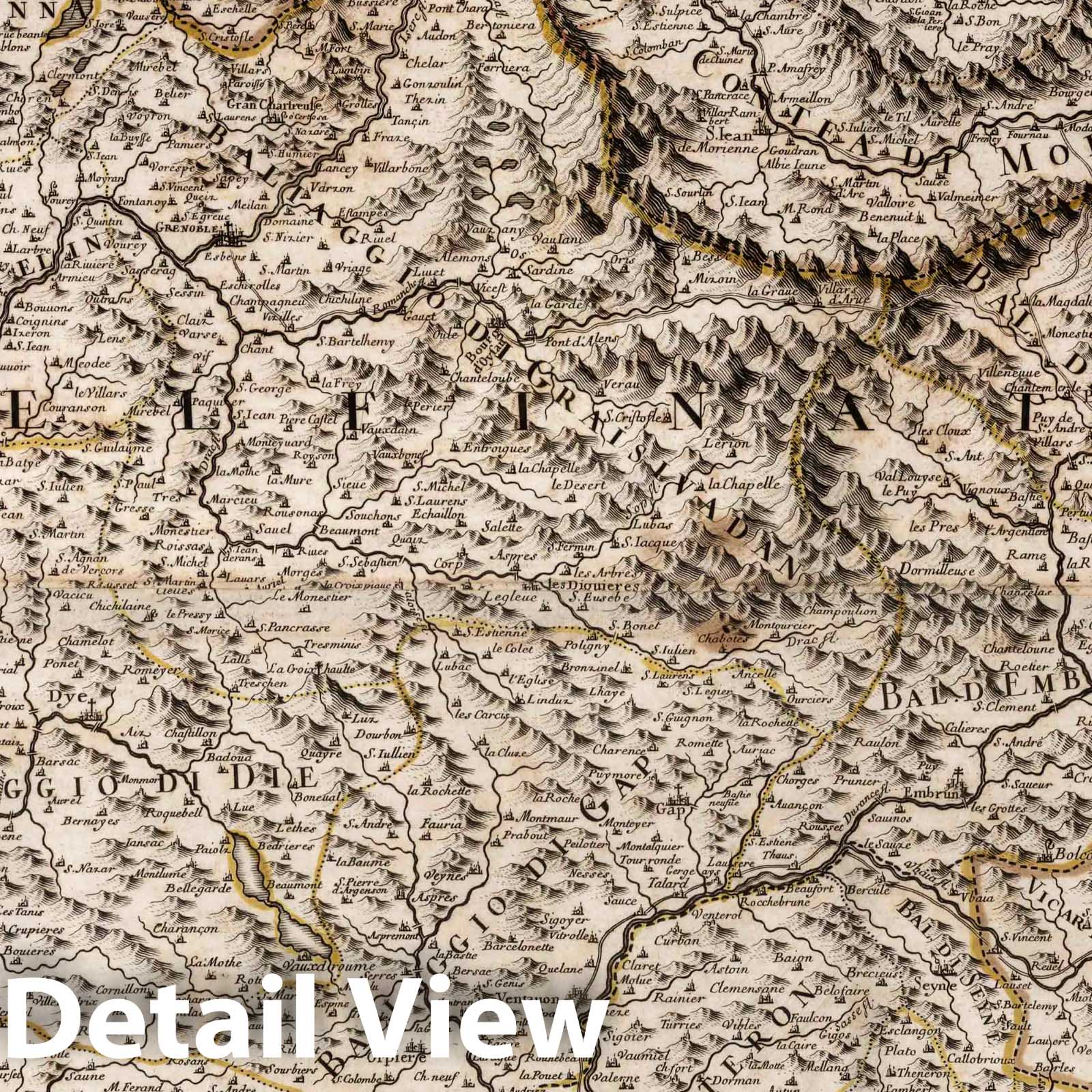 Rhone River from Source to Sea and the Alps, 1690 - Historical Map Print