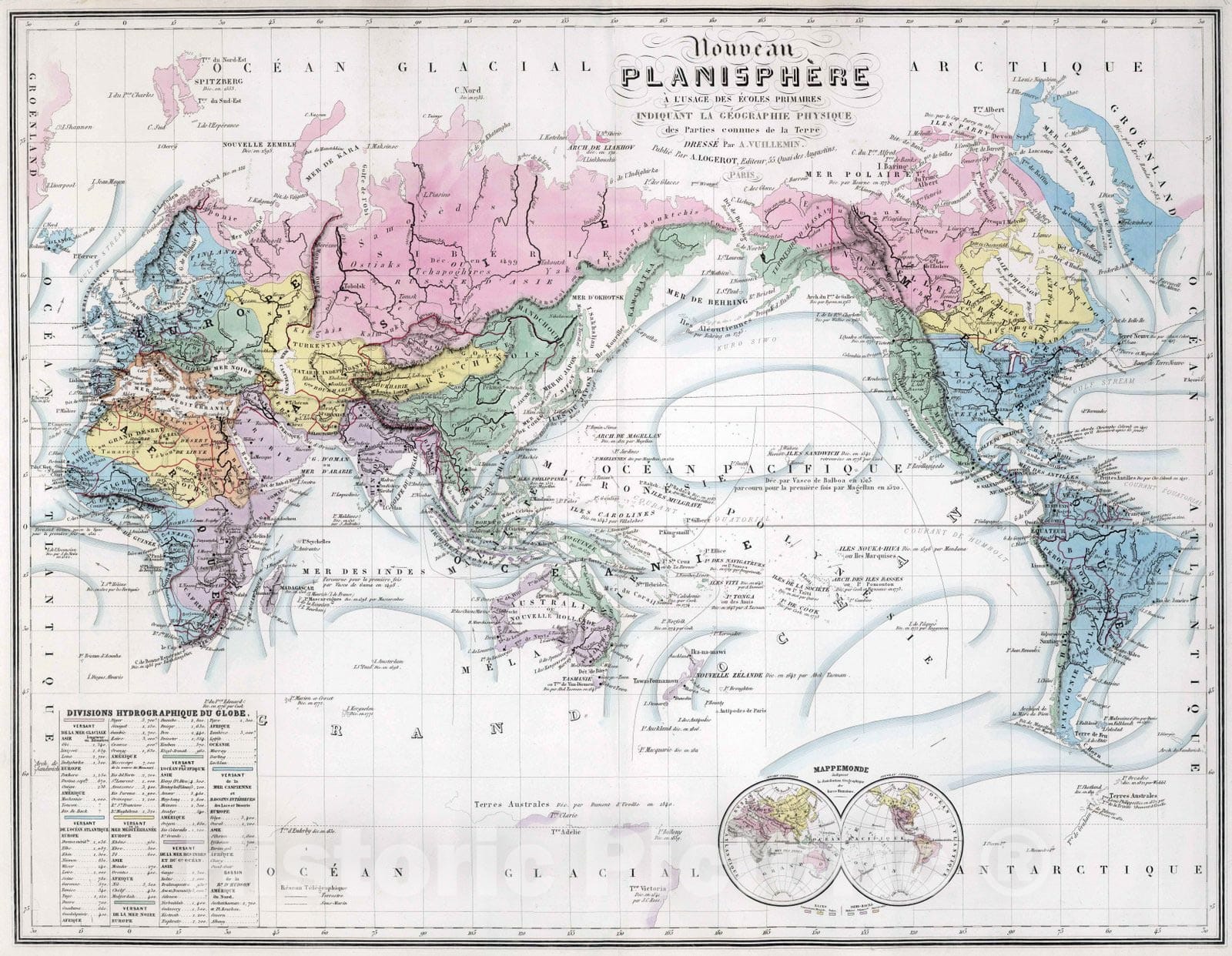 Historic Map : 1876 Nouveau Planisphere Mappe Monde Elementaire a l'Usage des Ecoles Primaires. - Vintage Wall Art