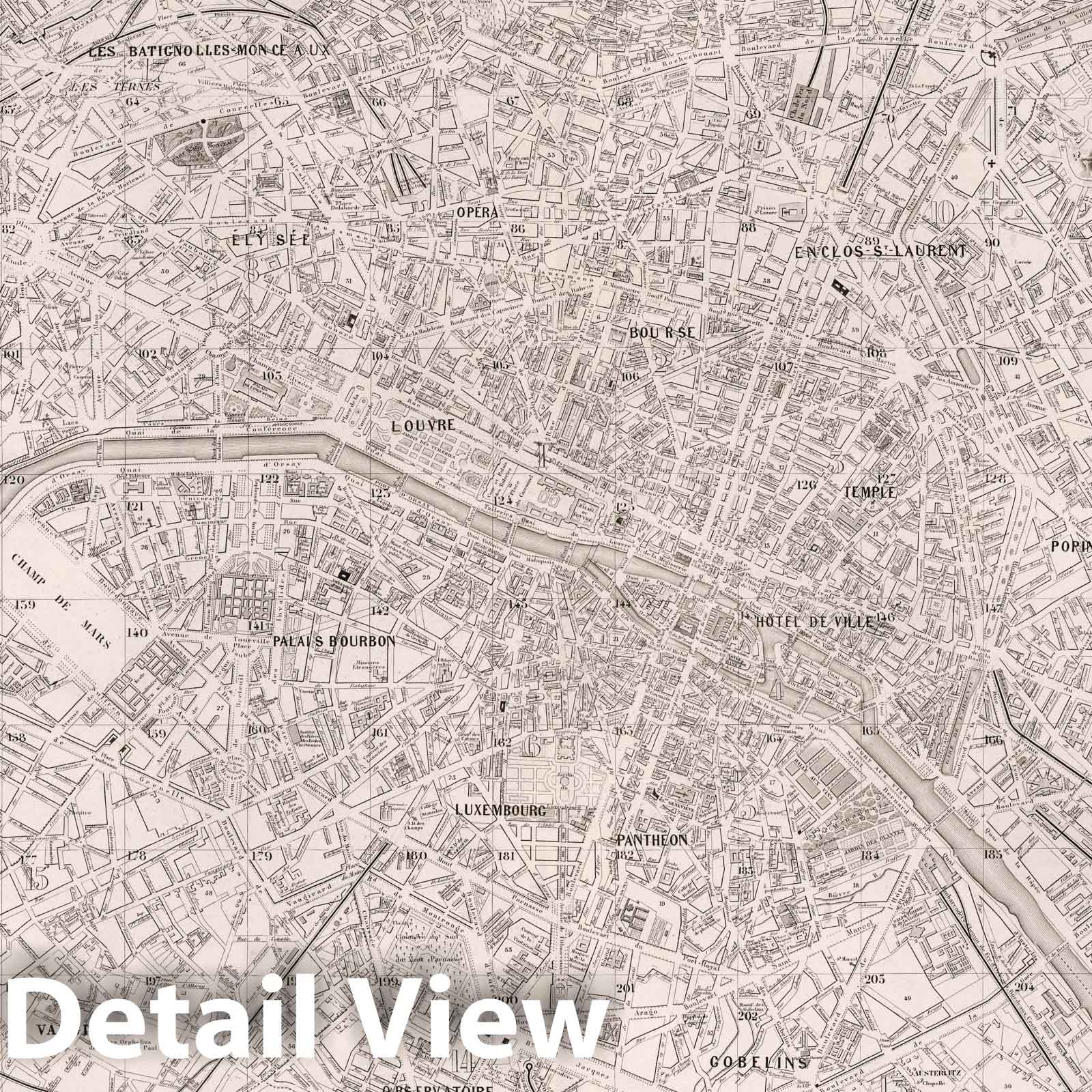 Paris, France - Plan of 20 Arrondissements, 1876 - Historical Map Print