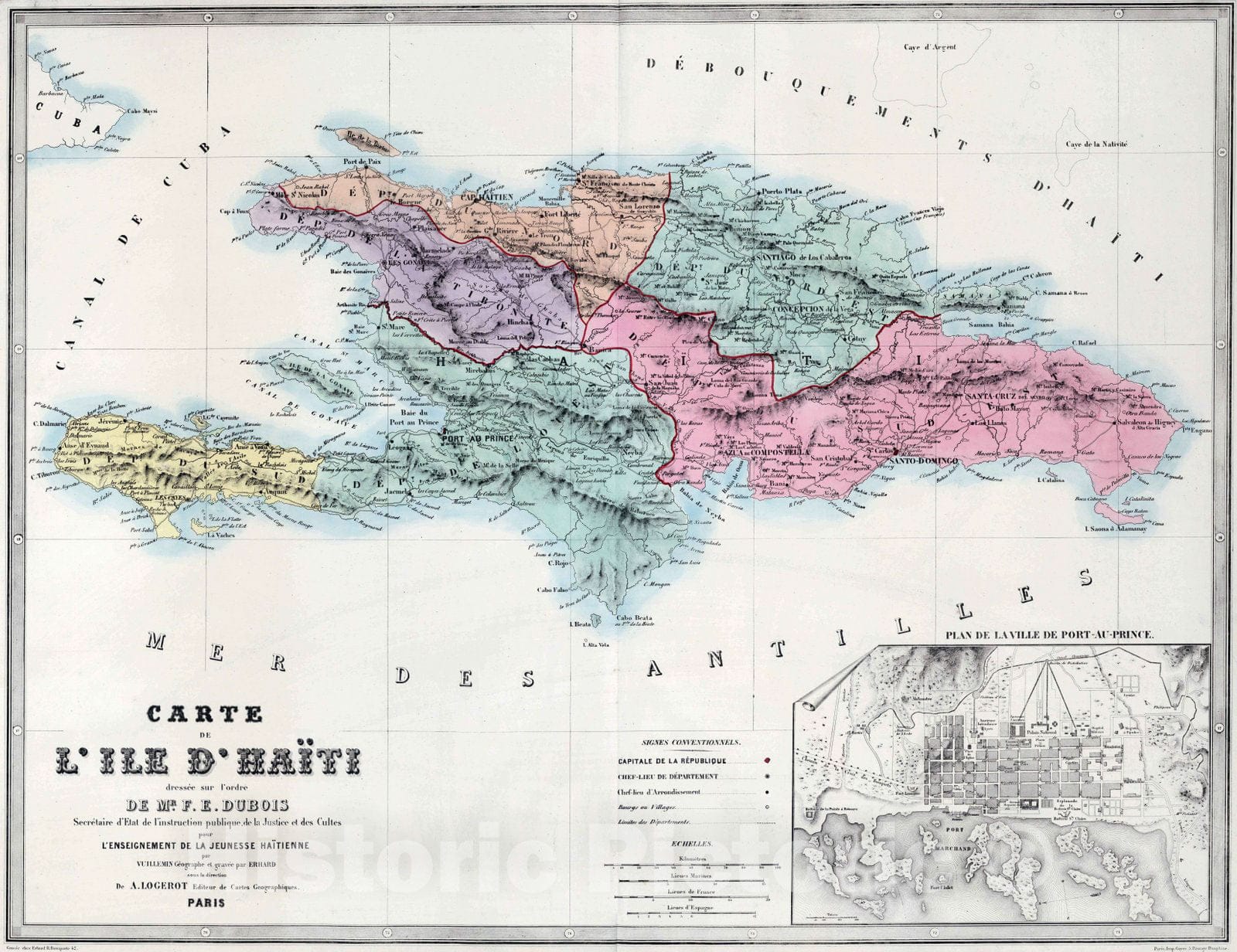 Historic Map : Haiti, 1876 Carte de L'Ile d'Haiti, L'Enseignement de la Jeunesse Haitienne. , Vintage Wall Art