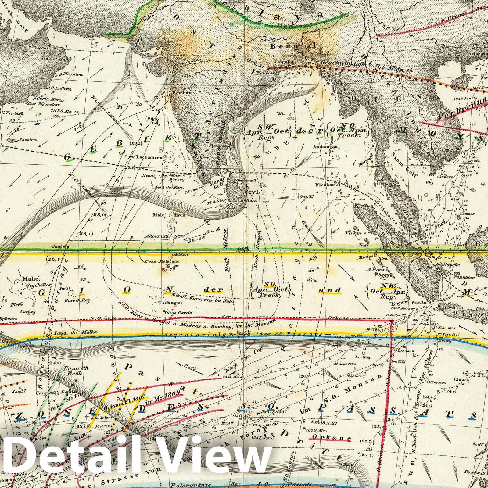 Indian Ocean - Nautical Chart, 1840 - Historical Map Print