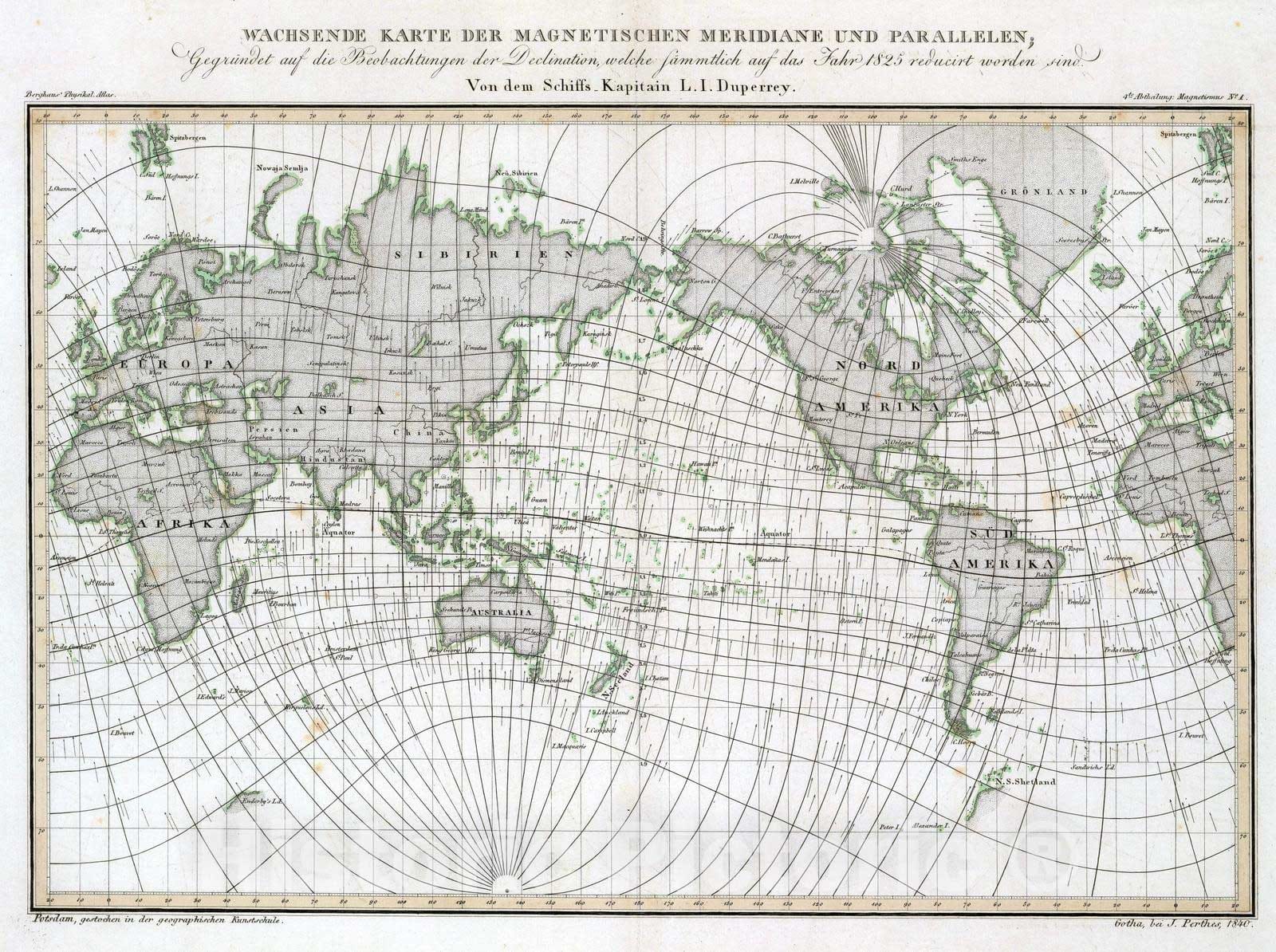 Historic Map : 1840 Wachsende Karte Der Magnetischen Meridiane Und Parallelen. - Vintage Wall Art