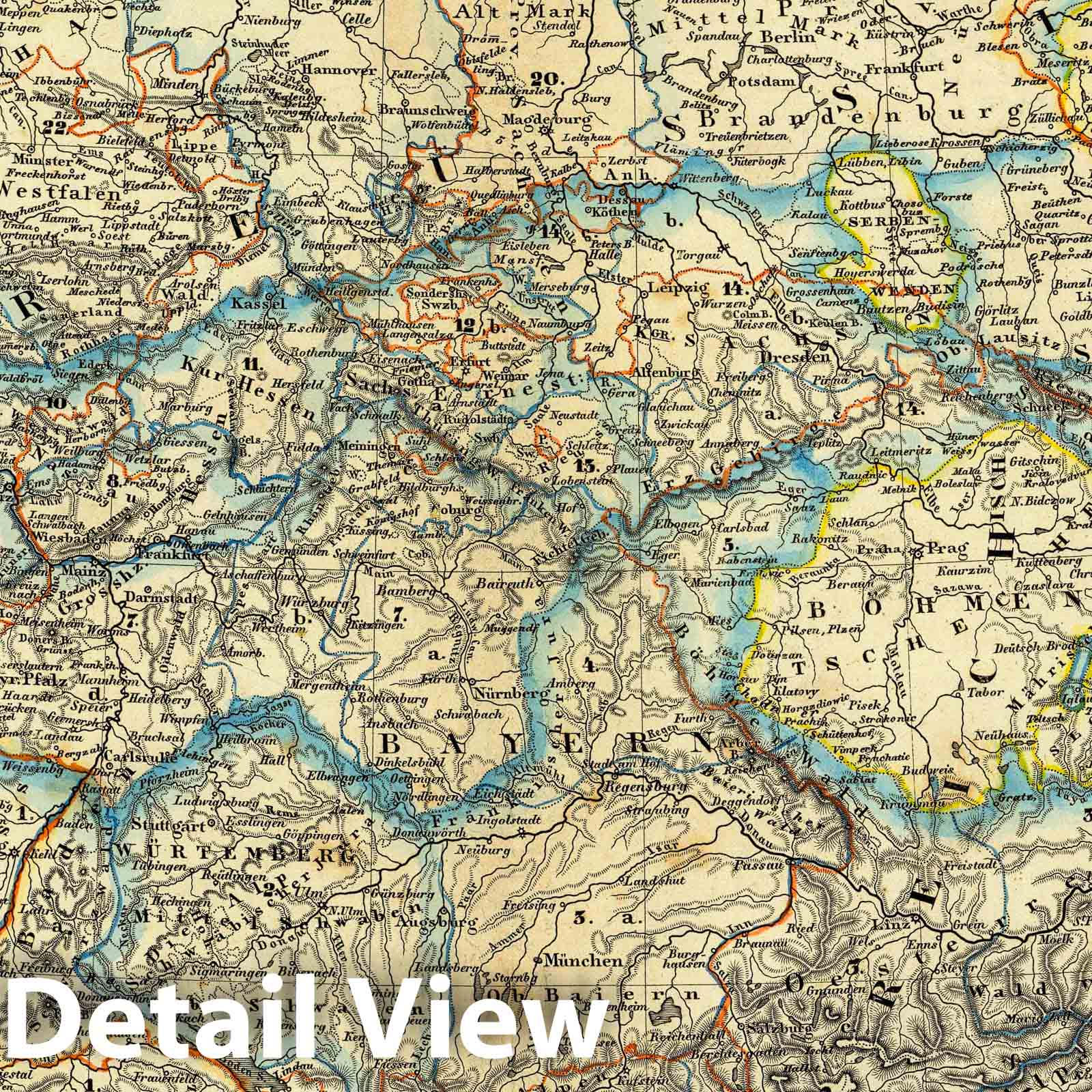 Germany, Netherlands, Belgium, and Switzerland - Physical Map, 1848
