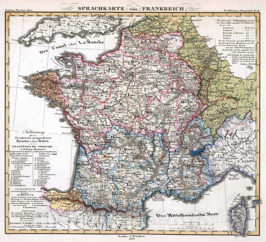 Historic Map : France, 1847 Sprachkarte von Frankreich. , Vintage Wall Art