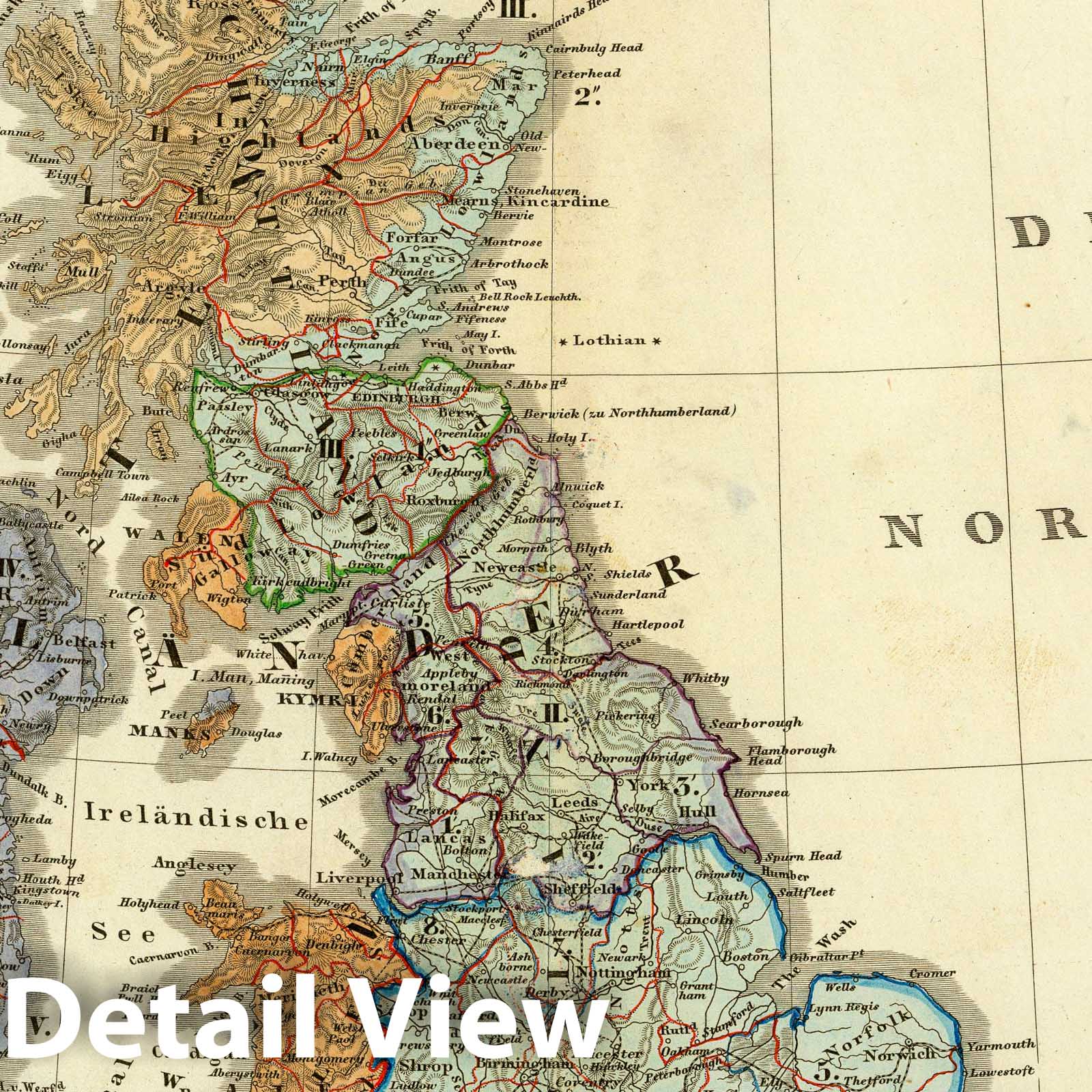British Isles: Peoples and Languages - Physical Map, 1847 - Historical Atlas Print
