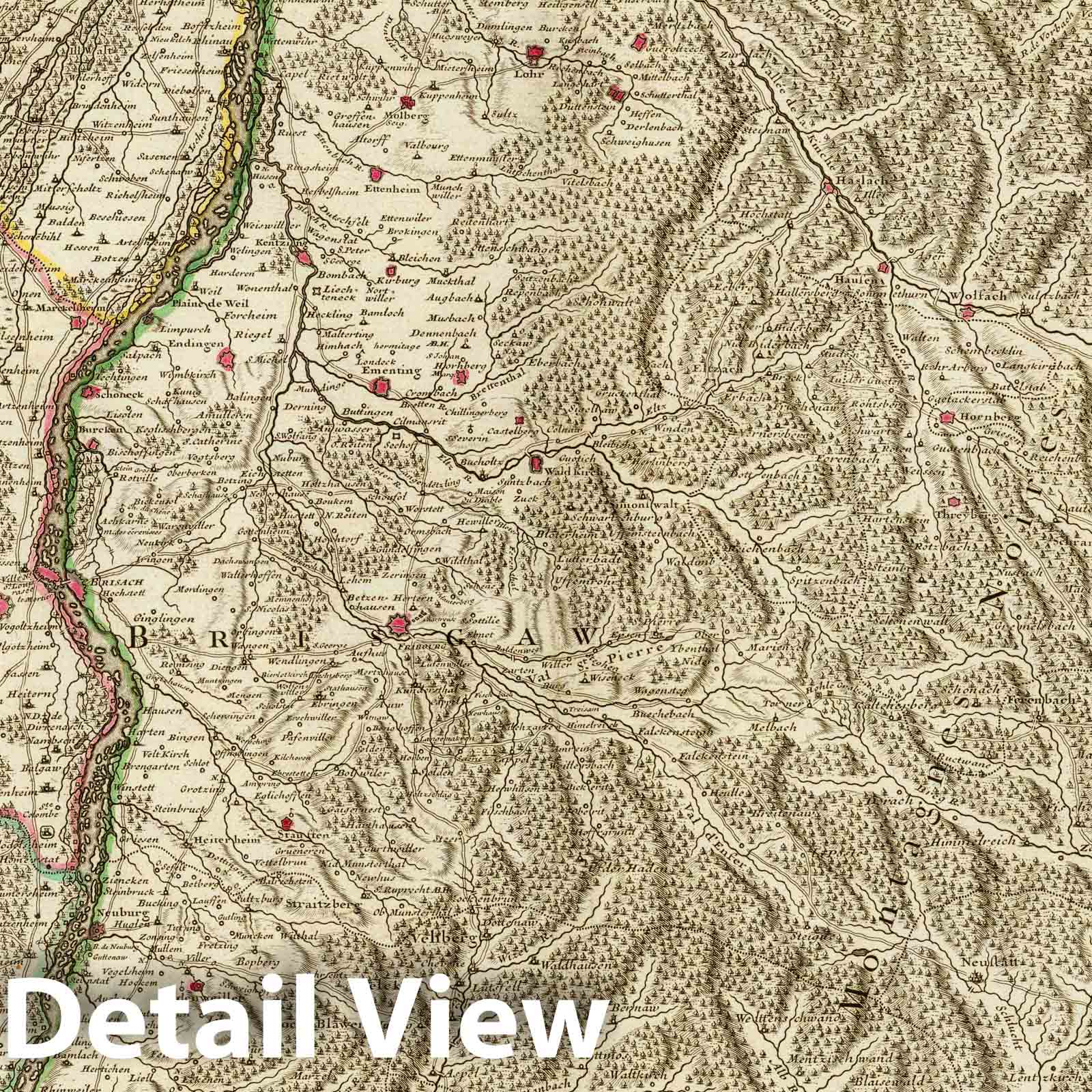 Rhine River Valley above Strasbourg - Route Map, 1704 - Historical Map Print