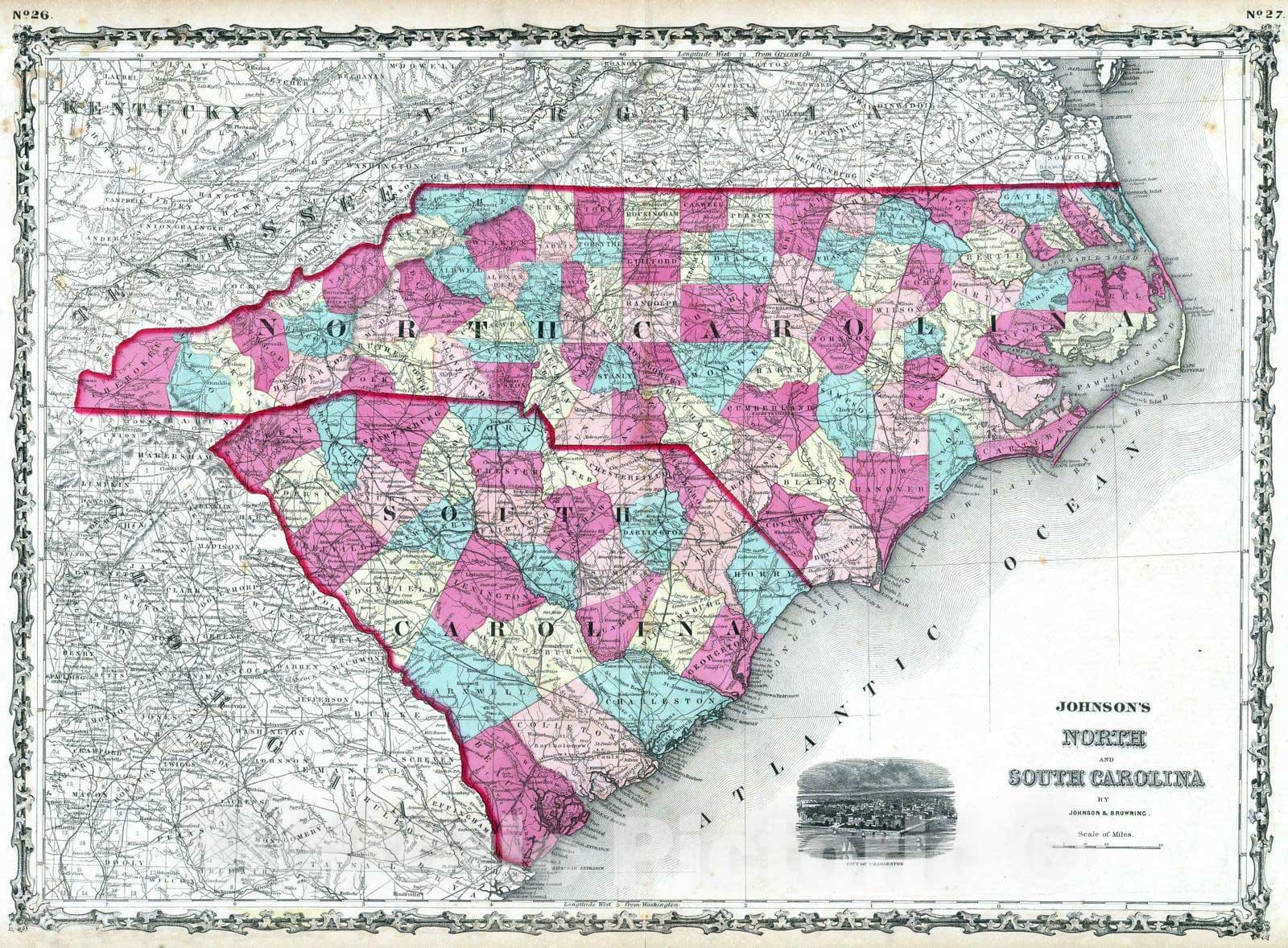 Historic Map : 1860 North And South Carolina. - Vintage Wall Art
