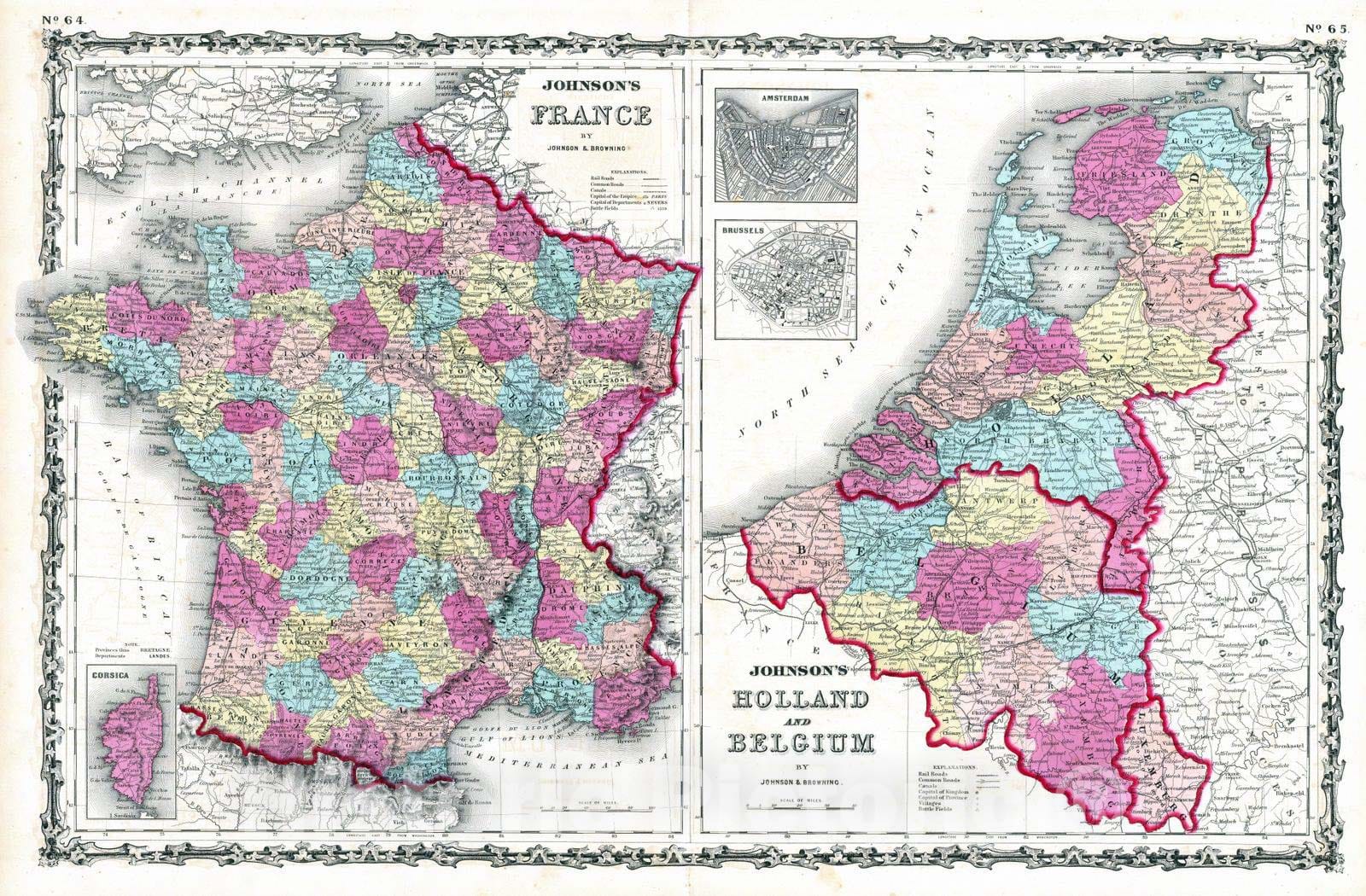 Historic Map : 1860 France, Holland And Belgium. - Vintage Wall Art