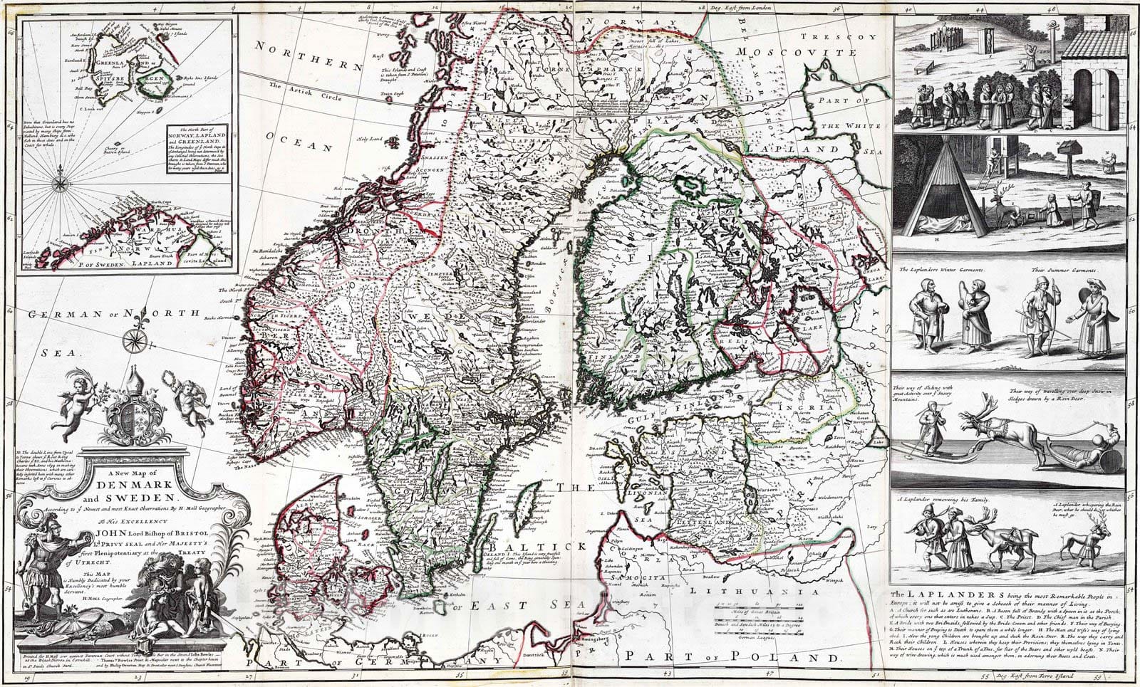 Historic Map : 1732 Denmark and Sweden. - Vintage Wall Art