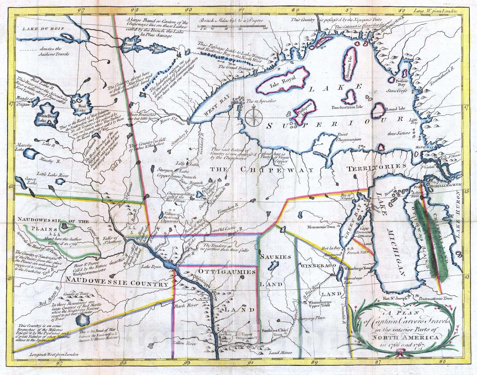 Captain Carver's Travels in North America, Wisconsin, 1781 – Historical Map Print