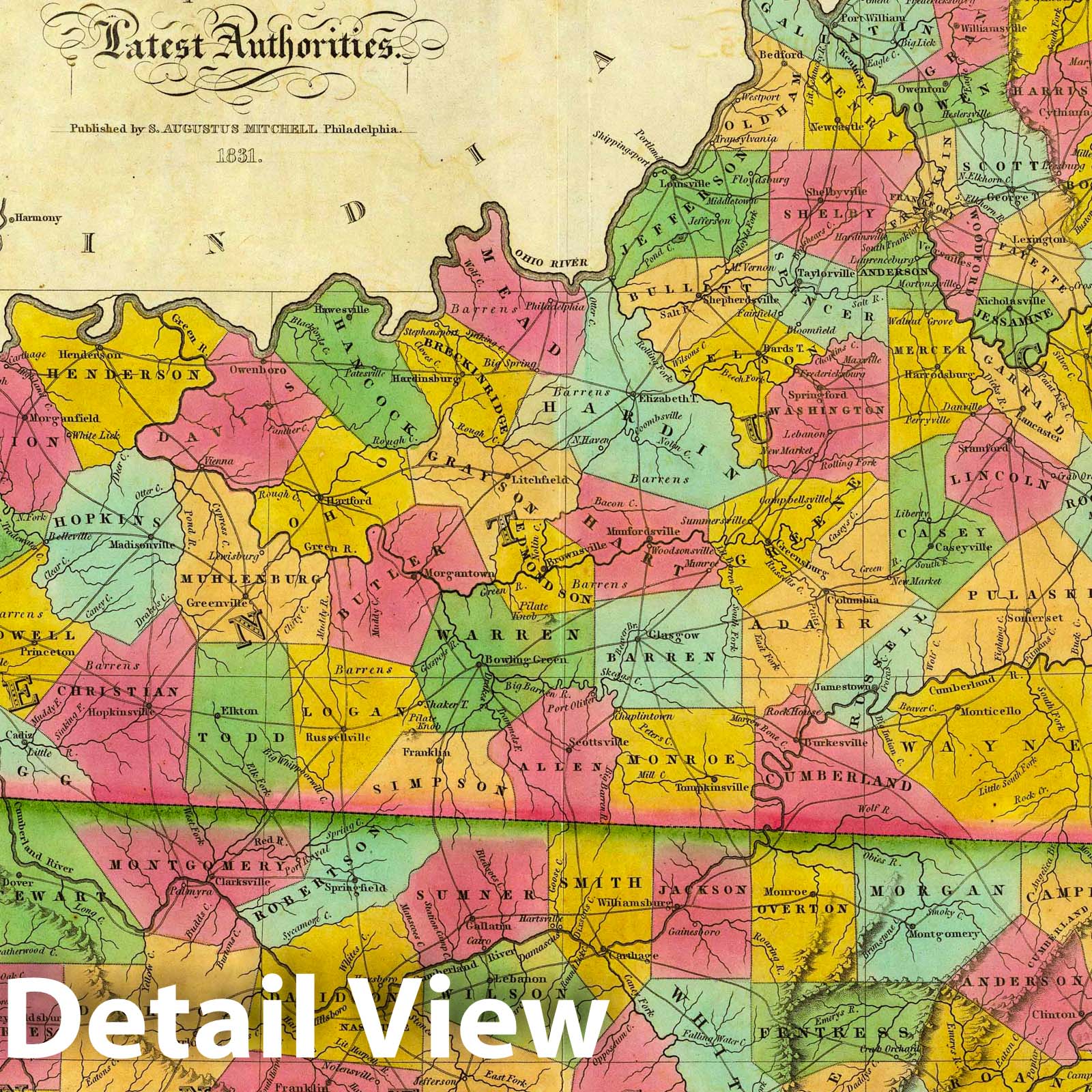 Kentucky and Tennessee 1831 Historical Map Print
