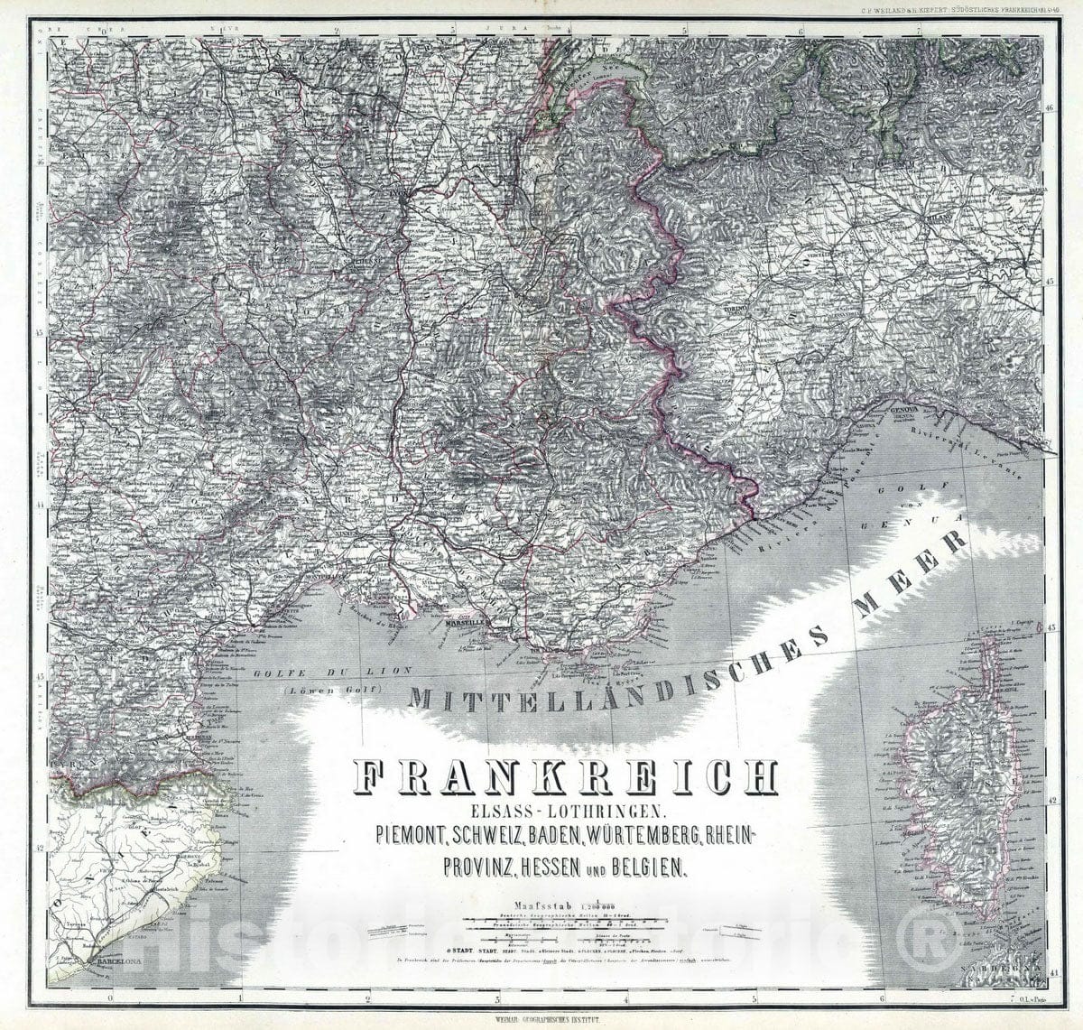 Historic Wall Map : 1879 Southeast France. - Vintage Wall Art