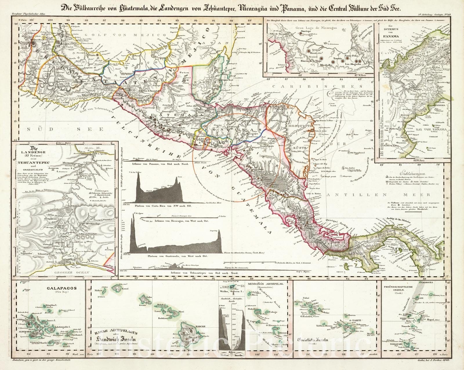 Historic Map : Panama, Hawaii, , Central America 1840 Die Vulkanreihe von Guatemala, (etc.). , Vintage Wall Art