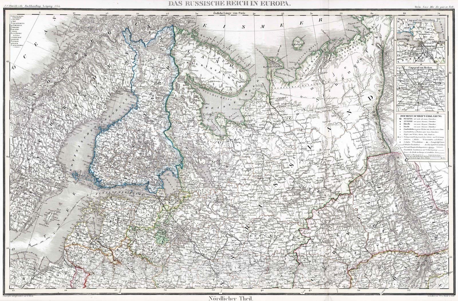 Historic Map : russia, 1854 Das Russische Reich in Europa. Nordlicher Theil , Vintage Wall Art