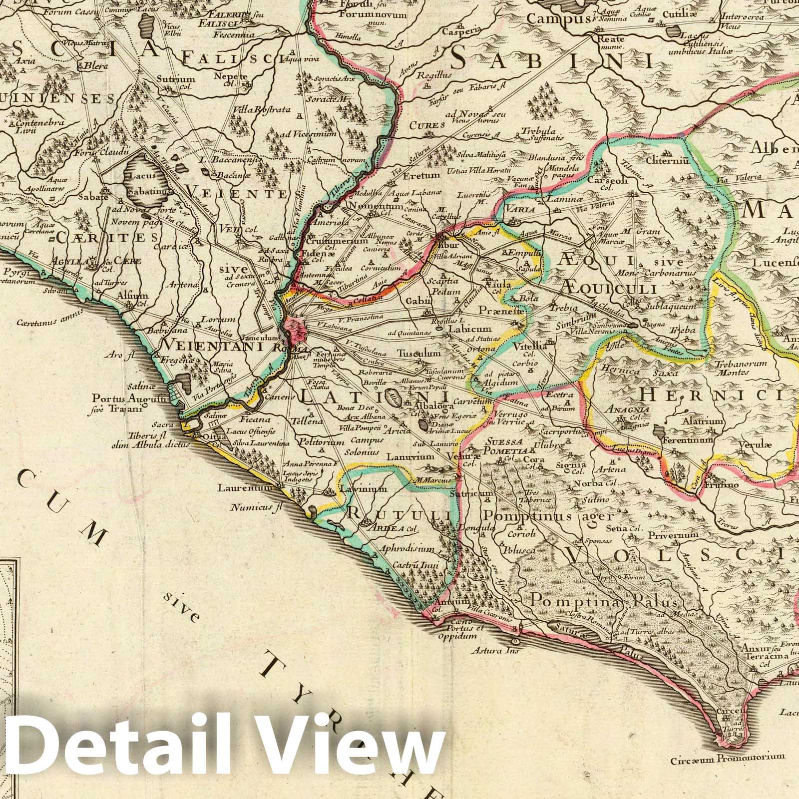 Central Italy - Route Map, 1711 by de l'Isle - Historical Map Print