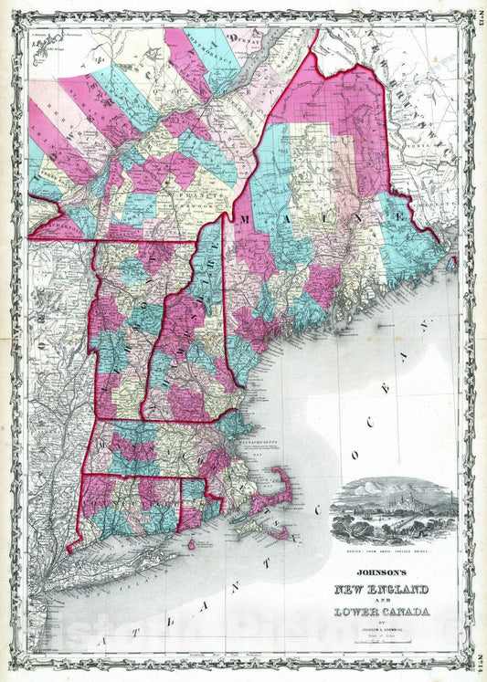 Historic Map : 1860 New England And Lower Canada. - Vintage Wall Art