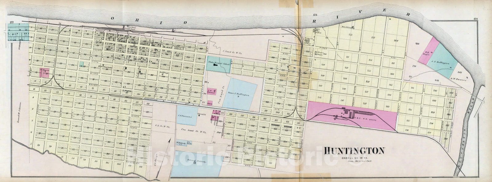 Historic Map : Huntington (W. Va.), West Virginia, 1877 Huntington, Cabell Co, W. Va. , Vintage Wall Art