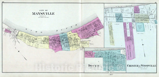 Historic Map : 1877 City of Maysville, (with) Chester & Woodville, Dover, Mason Co, Ky. - Vintage Wall Art