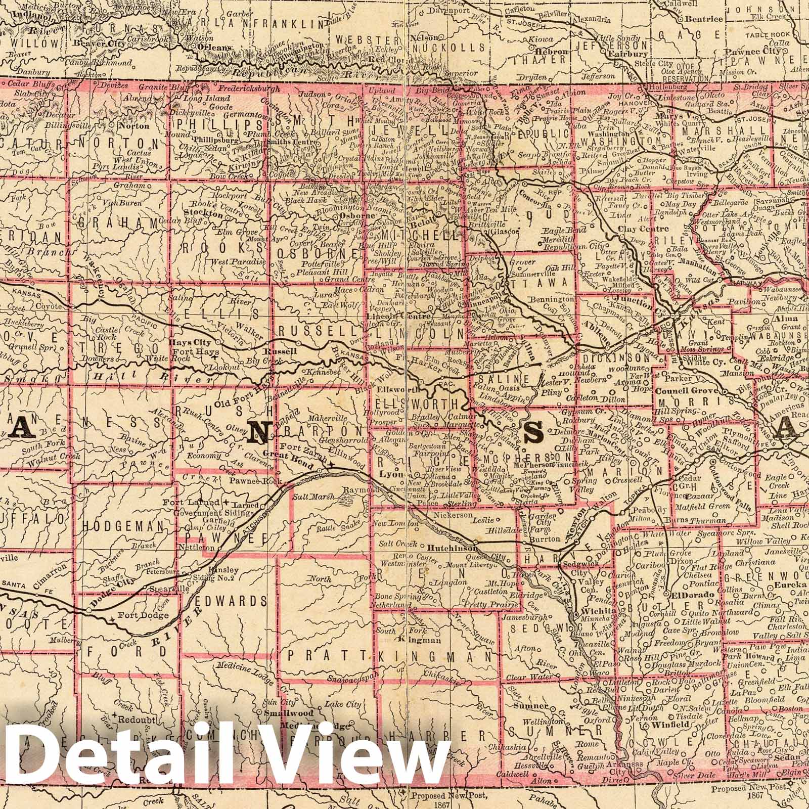 Kansas - Railroad Map, 1879 - Historical Map Print