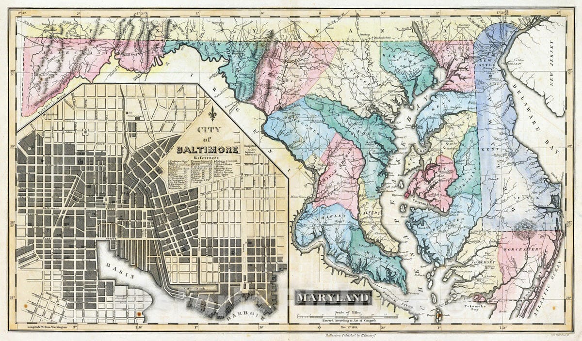 Maryland with Baltimore Inset - River Map, 1823 - Historical Map Print