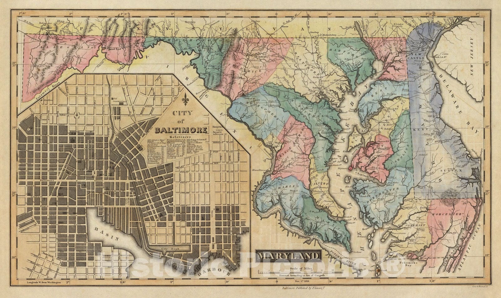 Historic Map - World Atlas - 1823 Maryland. - Vintage Wall Art