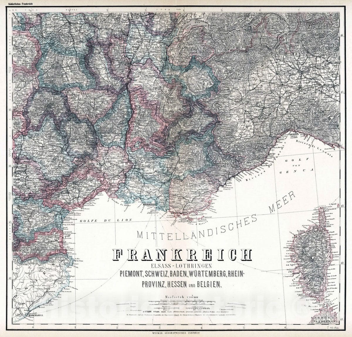 Historic Map : 1886 Southeast France. - Vintage Wall Art
