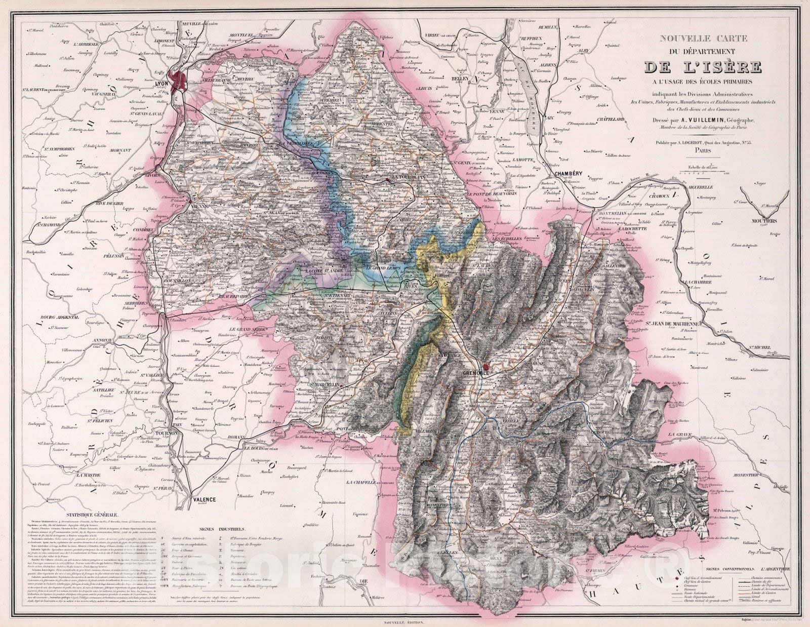 Historic Map : Isere , France 1876 Nouvelle Carte du Departement de L'Isere a L'Usage de Ecoles Primaires. , Vintage Wall Art