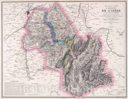 Historic Map : Isere , France 1876 Nouvelle Carte du Departement de L'Isere a L'Usage de Ecoles Primaires. , Vintage Wall Art