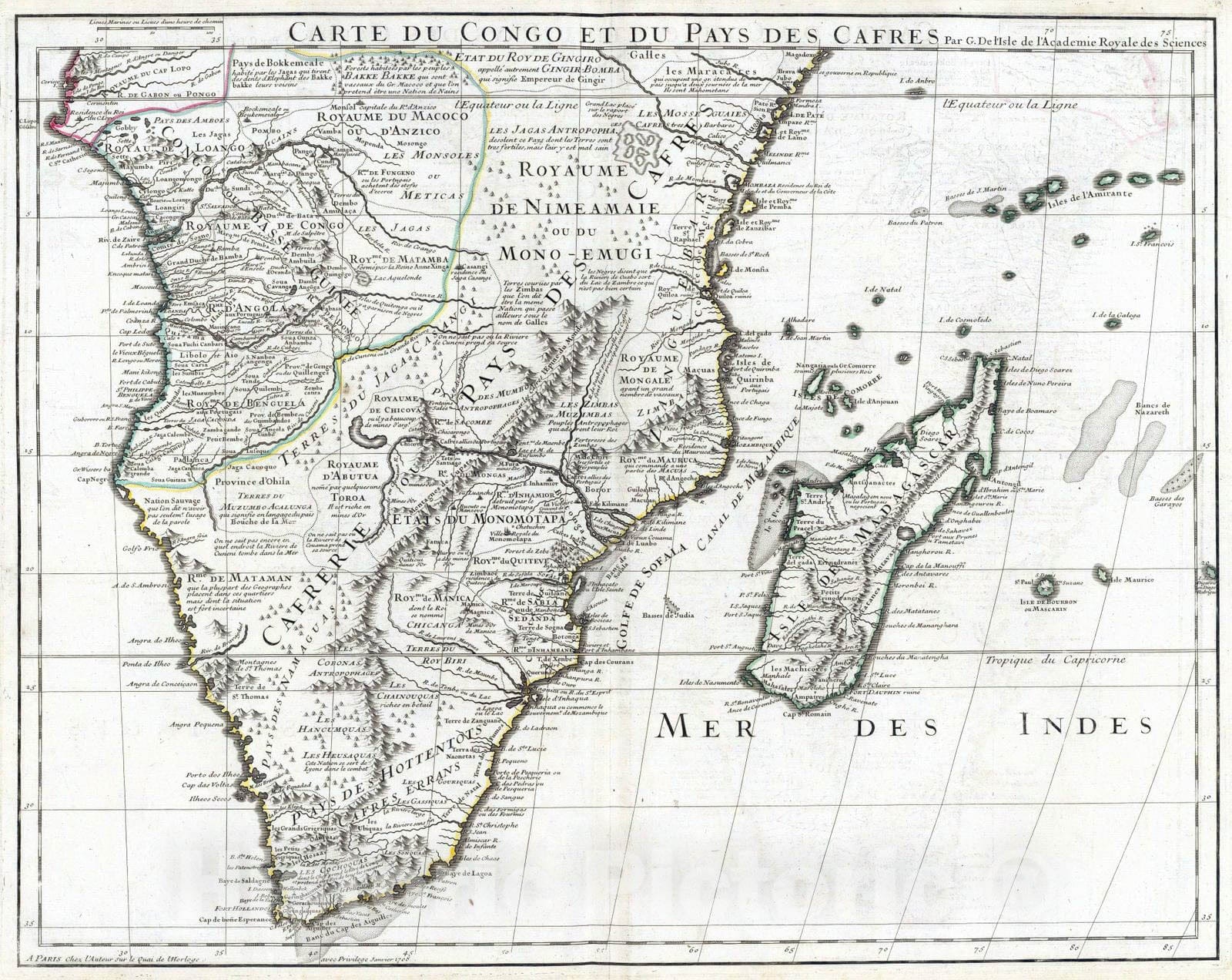 Historic Map : 1708 Congo, Pays des Cafres. - Vintage Wall Art