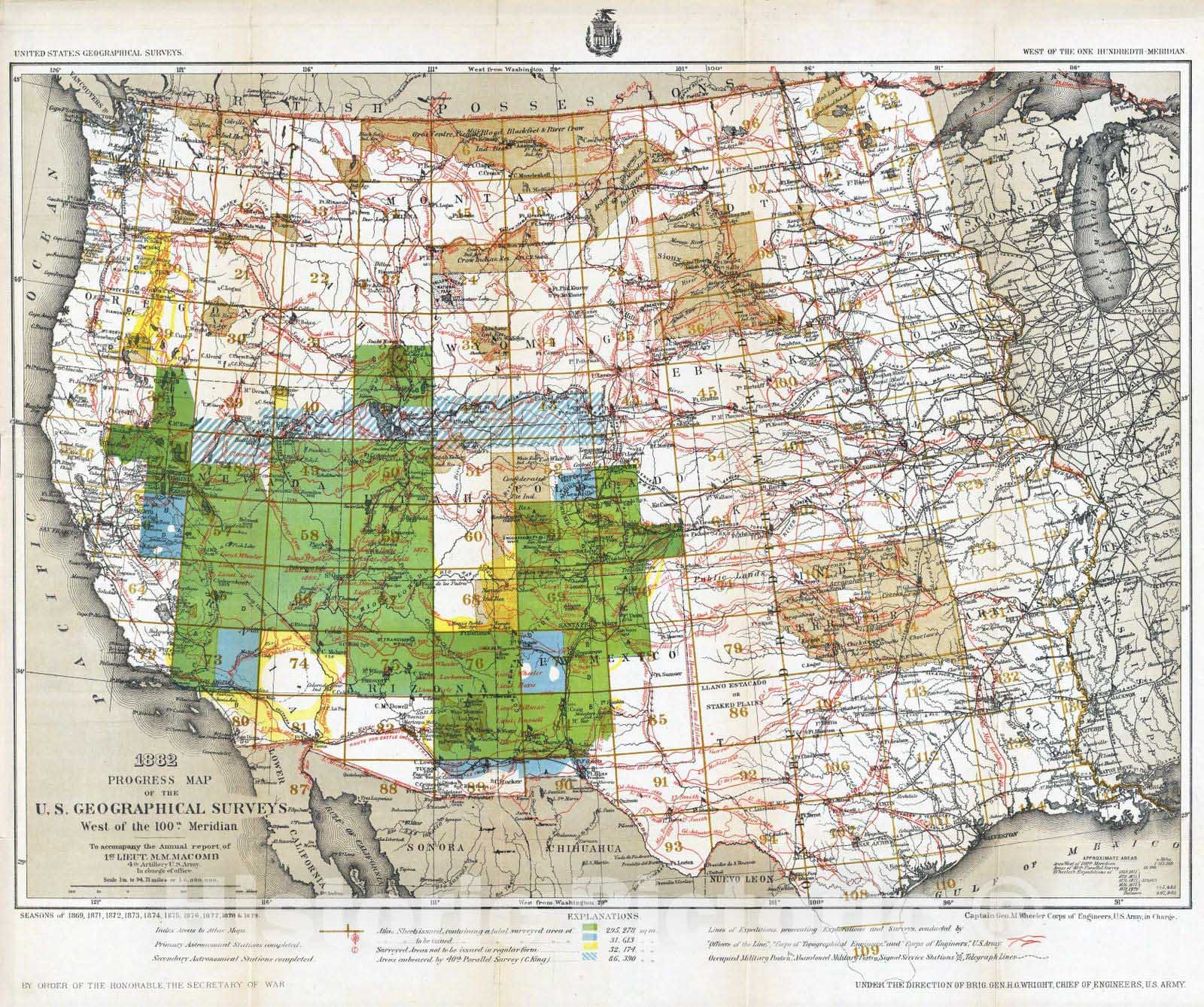 Historic Map : National Atlas - 1882 1882. Progress Map Of The U.S. Geographical Surveys West Of The 100th Meridian. - Vintage Wall Art