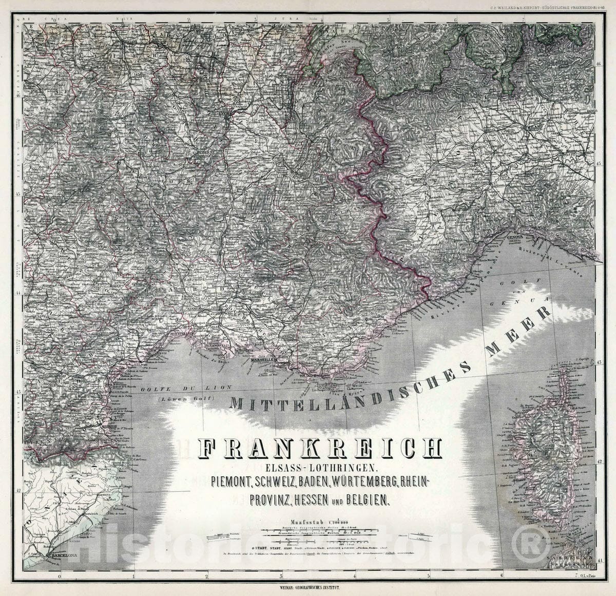 Historic Map : 1875 Southeast France. - Vintage Wall Art