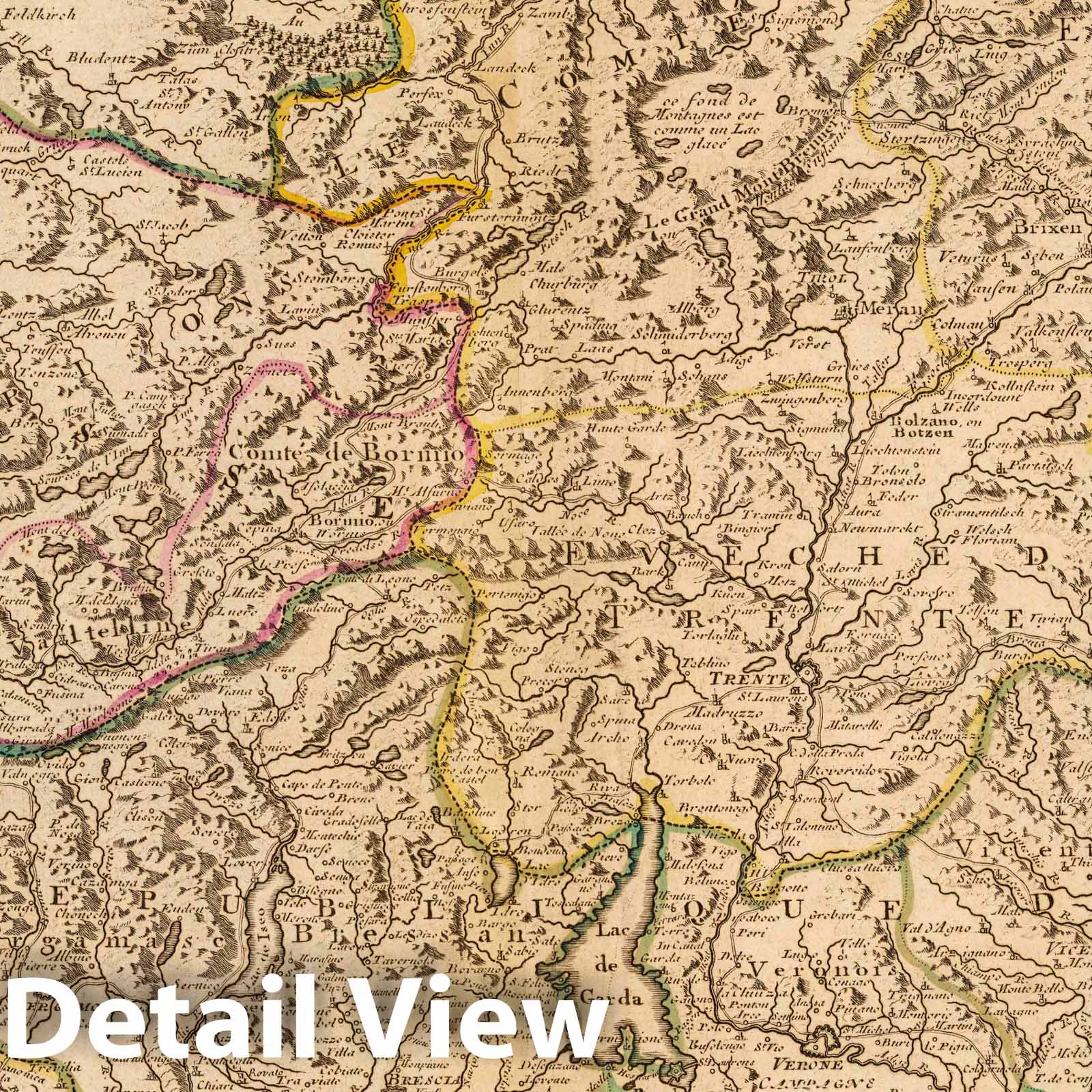 Diocese of Trent, Italy - River Map, 1720 - Hand-Colored Historical Map Print
