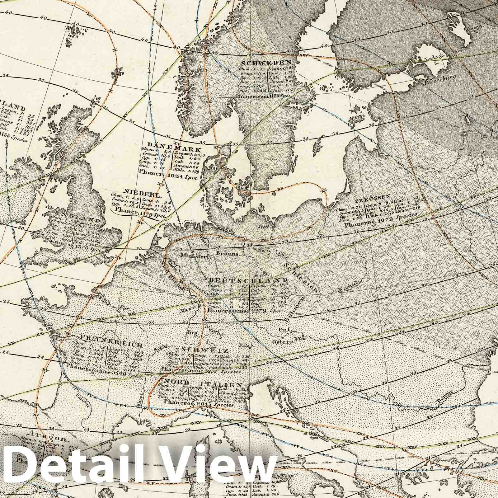 Europe - Vegetation Map, 1840 - Historical Botanical Geography Print