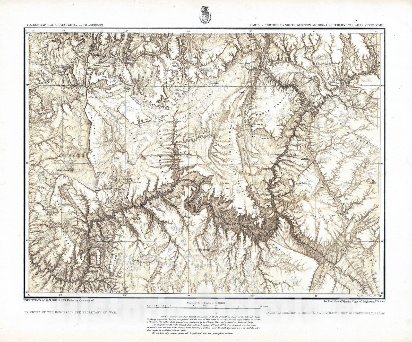 Historic Map : 1873 67. Parts Of Northern & North Western Arizona & Southern Utah. v2 - Vintage Wall Art
