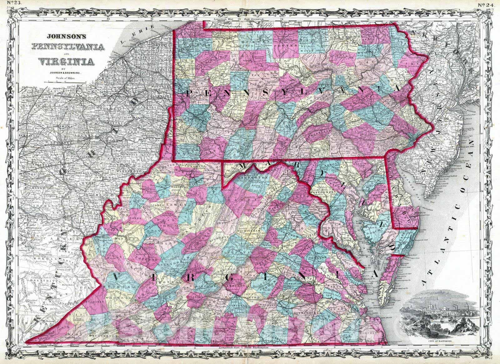 Pennsylvania and Virginia, 1860 - Historical Map Print