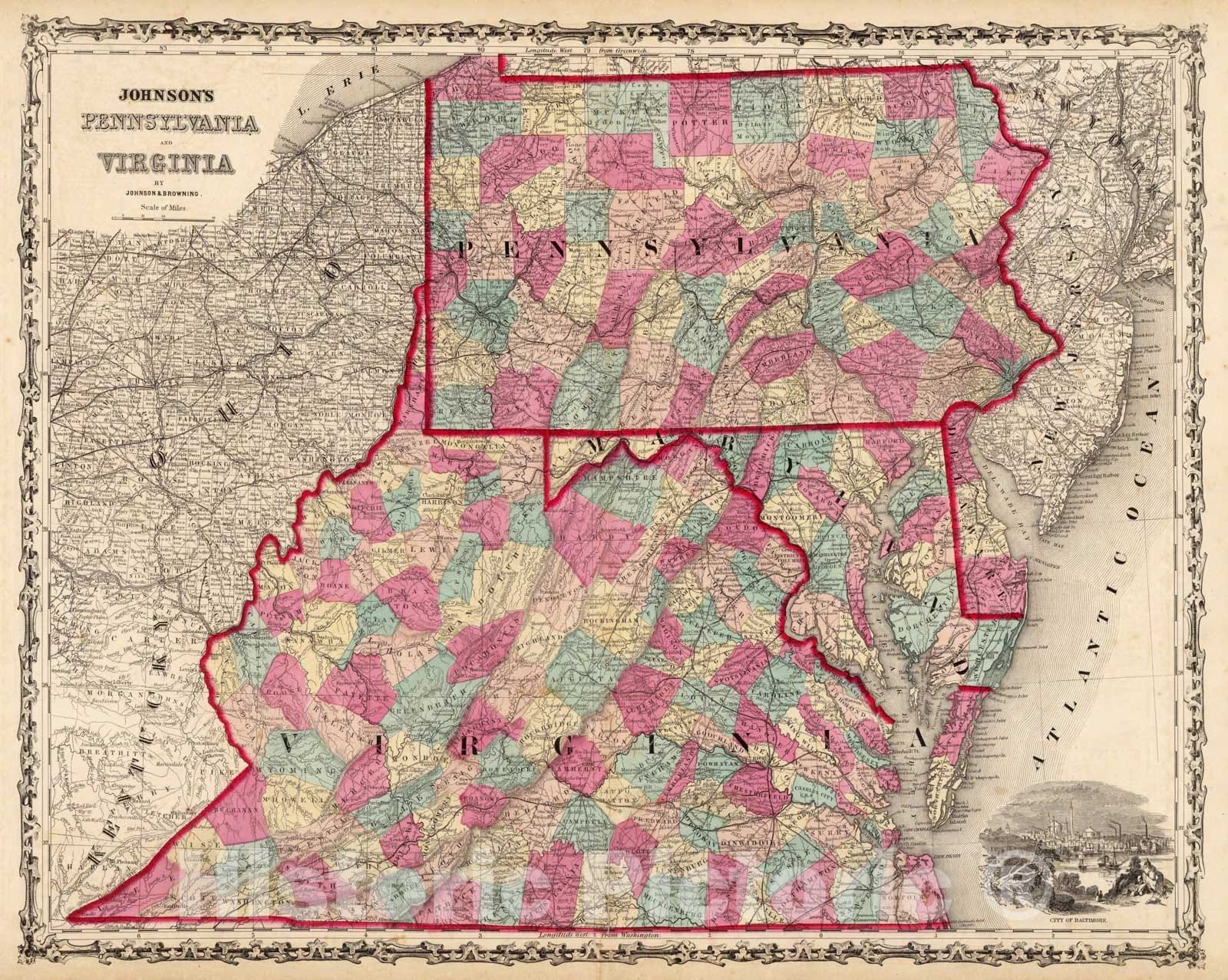 Historic Map - World Atlas - 1860 Pennsylvania And Virginia. - Vintage Wall Art