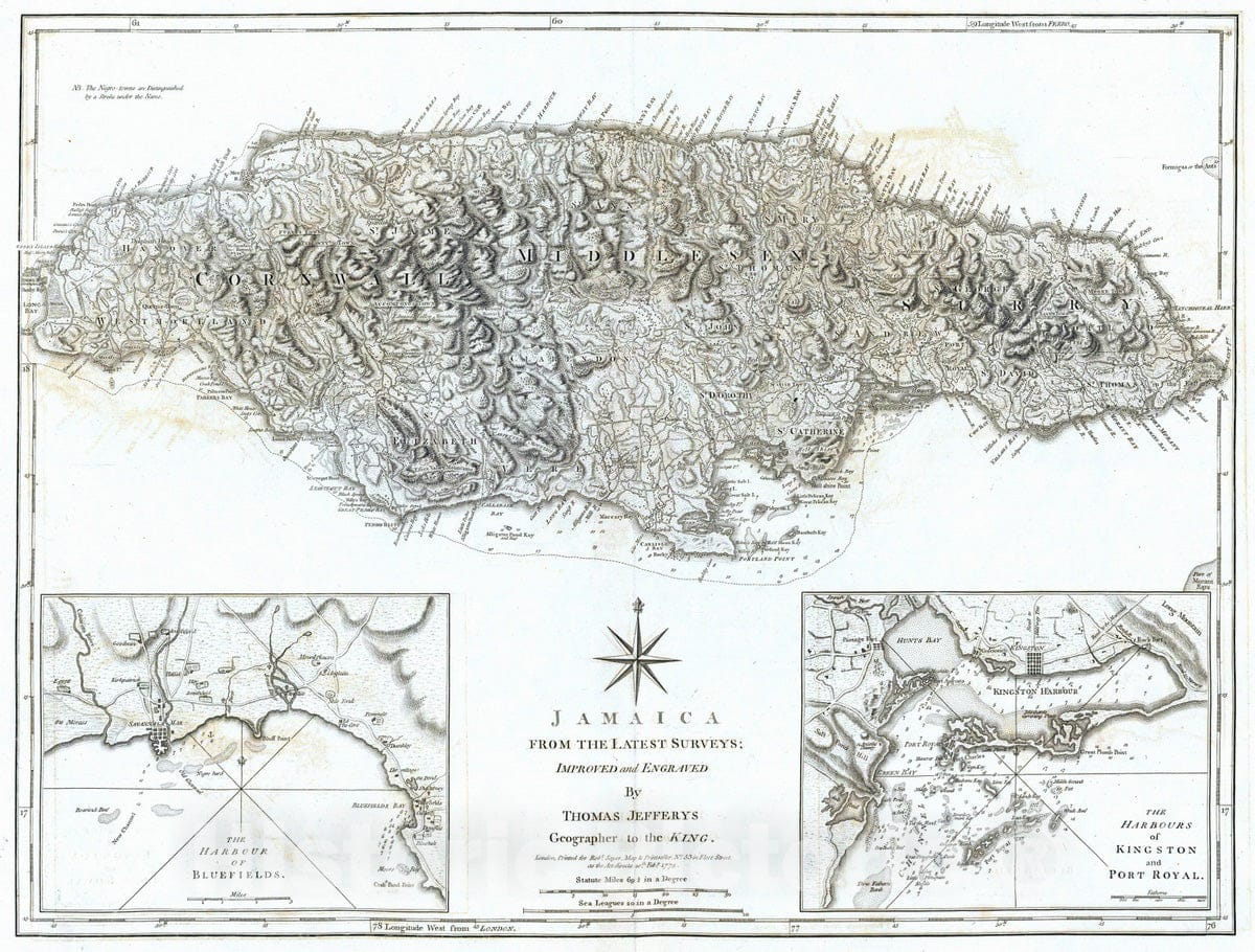 Historic Map : 1775 Jamaica from the latest surveys. - Vintage Wall Art
